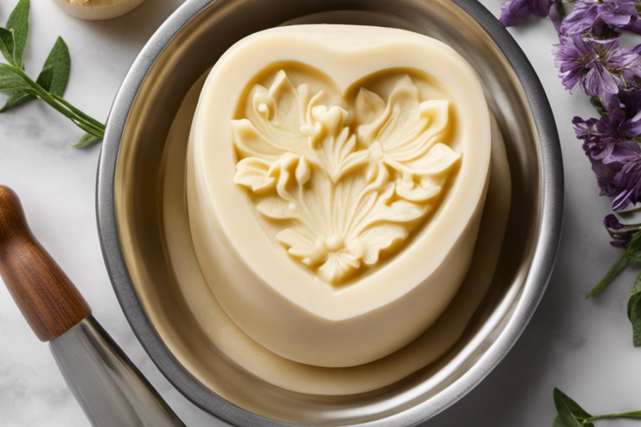 An image of hands carefully mixing creamy shea butter with fragrant essential oils, while a stainless steel soap mold sits nearby, ready to be filled