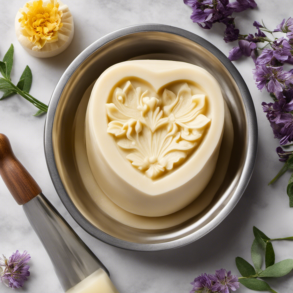 An image of hands carefully mixing creamy shea butter with fragrant essential oils, while a stainless steel soap mold sits nearby, ready to be filled