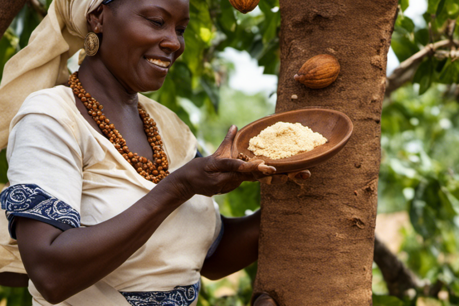 An image showcasing the step-by-step process of making shea butter: a woman collecting ripe shea nuts from a tree, cracking and roasting them, grinding the roasted nuts into a paste, and finally, extracting the creamy shea butter by hand