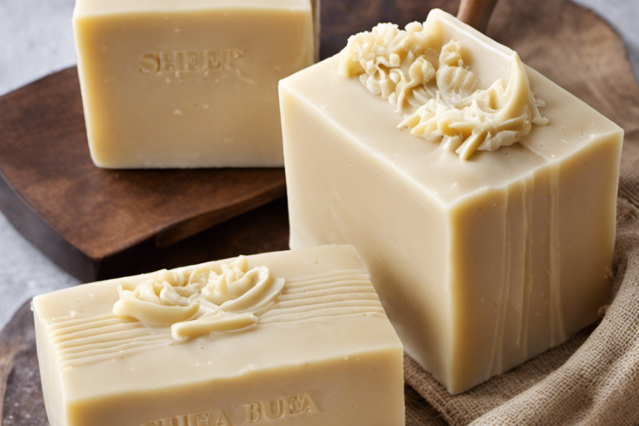 An image showcasing the step-by-step process of crafting shea butter soap: a hand pouring melted shea butter into a soap mold, followed by the mold being left to set and the finished soap bars being wrapped in rustic packaging