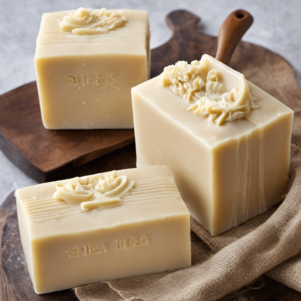 An image showcasing the step-by-step process of crafting shea butter soap: a hand pouring melted shea butter into a soap mold, followed by the mold being left to set and the finished soap bars being wrapped in rustic packaging