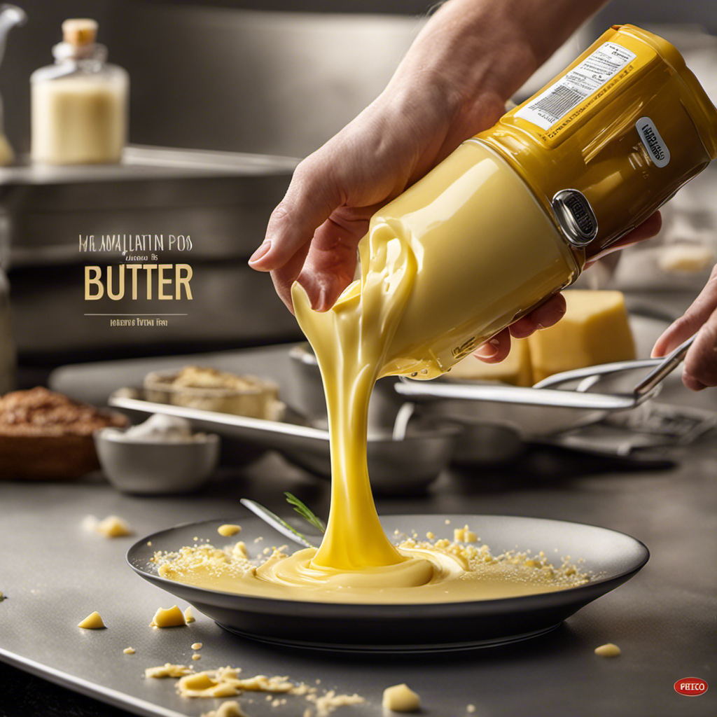 An image showcasing the step-by-step process of making spray butter: a hand holding a butter stick, a blender pulsating with melted butter, a funnel pouring the liquid into a spray bottle, and a finger pressing the spray nozzle