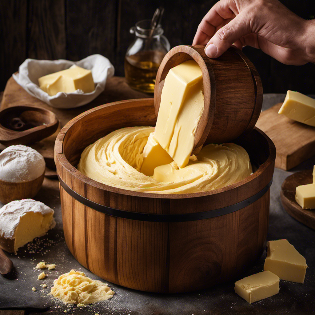 An image capturing the process of making sweet cream butter: a rustic wooden churn filled with freshly churned butter, creamy butterfat separating from the buttermilk, and golden butter being molded into a tantalizingly smooth block