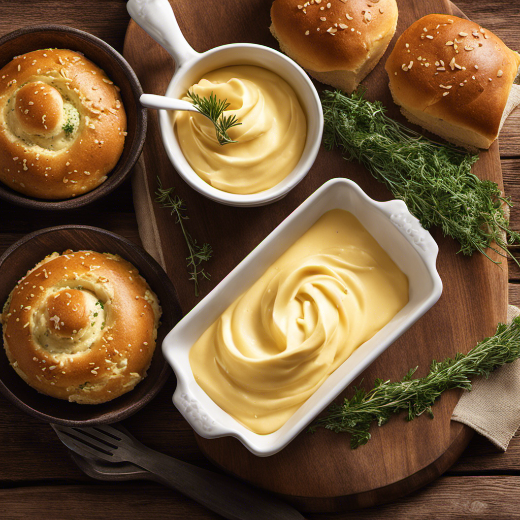 An image showcasing a close-up shot of a golden, creamy butter spread, garnished with freshly chopped herbs, served alongside warm, fluffy rolls on a rustic wooden table, evoking the irresistible allure of Texas Roadhouse's famous butter