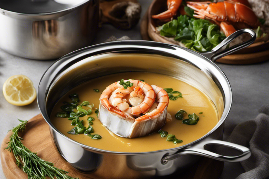 An image capturing a gleaming silver saucepan on a stovetop, filled with a luscious, velvety butter sauce