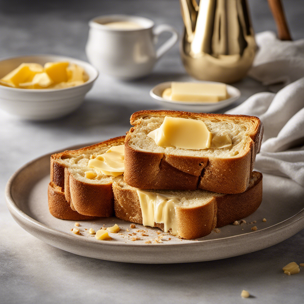 An image capturing a close-up of a perfectly toasted slice of bread, its golden crust shimmering in the morning light, adorned with a generous spread of creamy butter slowly melting into its warm, inviting surface