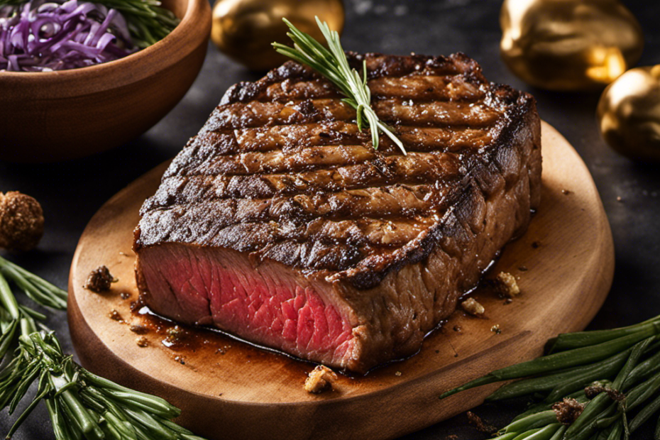 An image capturing a sizzling steak, perfectly seared to a golden-brown crust, glistening with a luscious layer of homemade truffle butter melting and trickling down the juicy cuts, tantalizing the taste buds