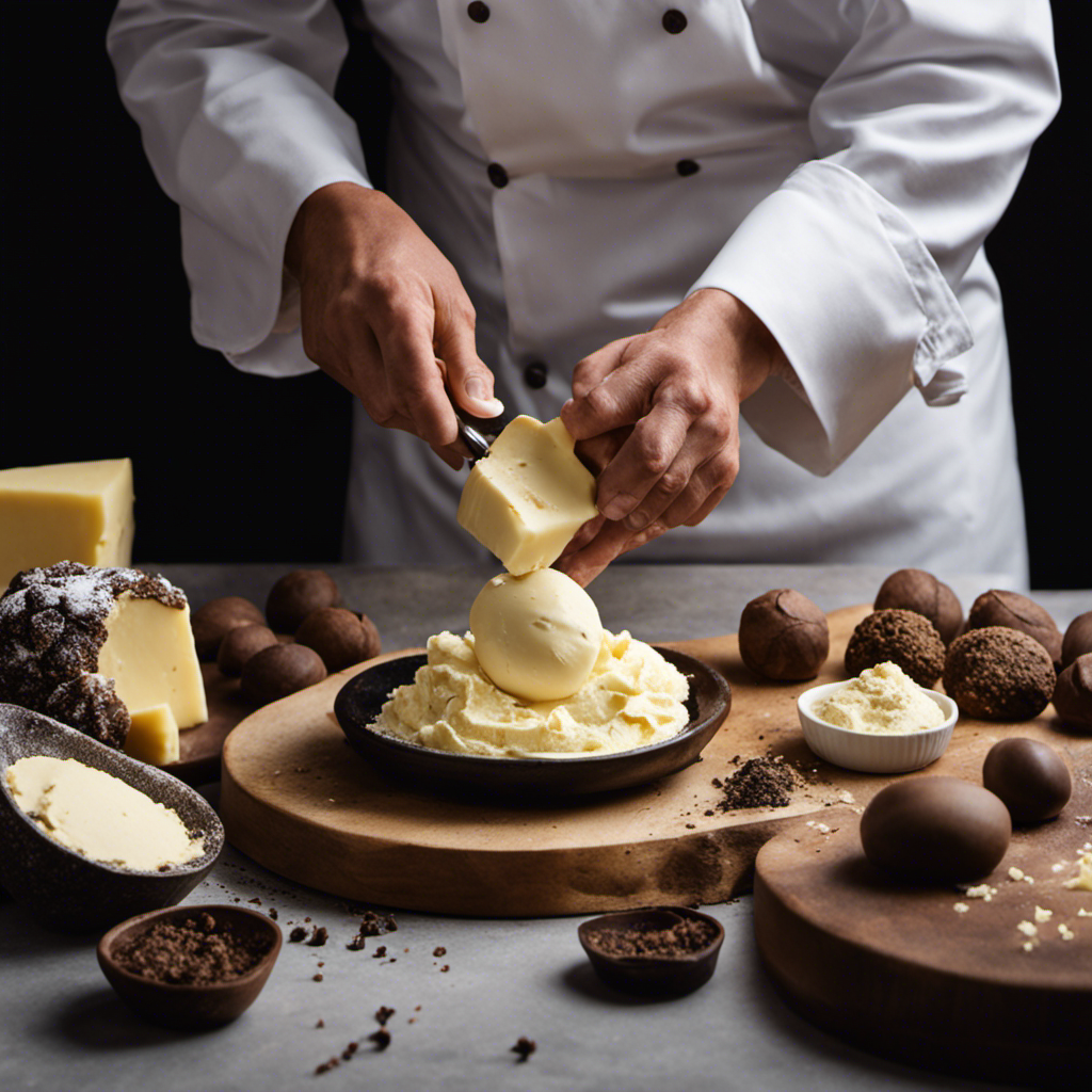 An image showcasing the step-by-step process of making truffle butter: a close-up of a chef's hands gently shaving aromatic truffles onto a mound of softened butter, followed by a shot of the butter being mixed until smooth and creamy