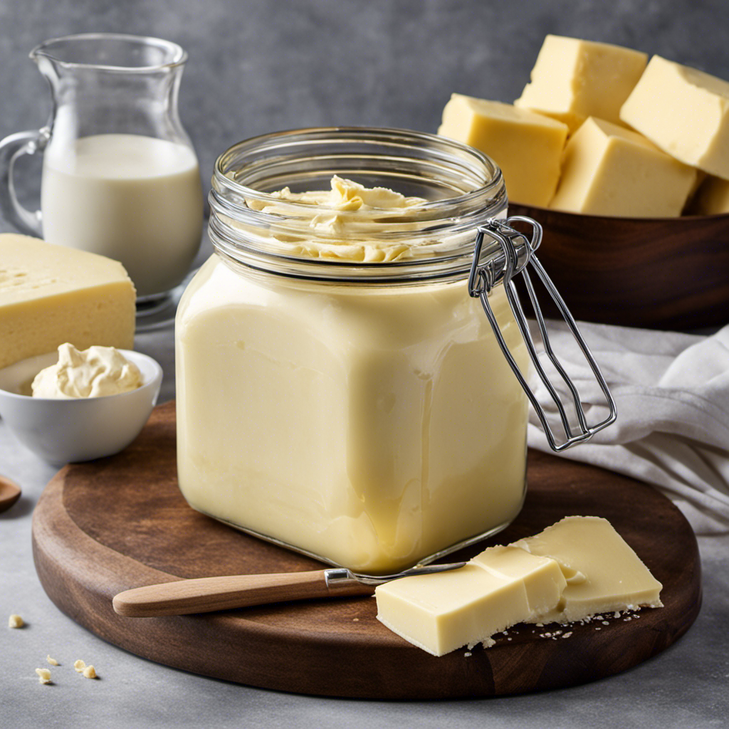 An image showcasing the step-by-step process of making unsalted butter: a glass jar filled with fresh cream, a hand-held whisk, creamy waves forming, solidified butter being separated, and a final block of homemade unsalted butter