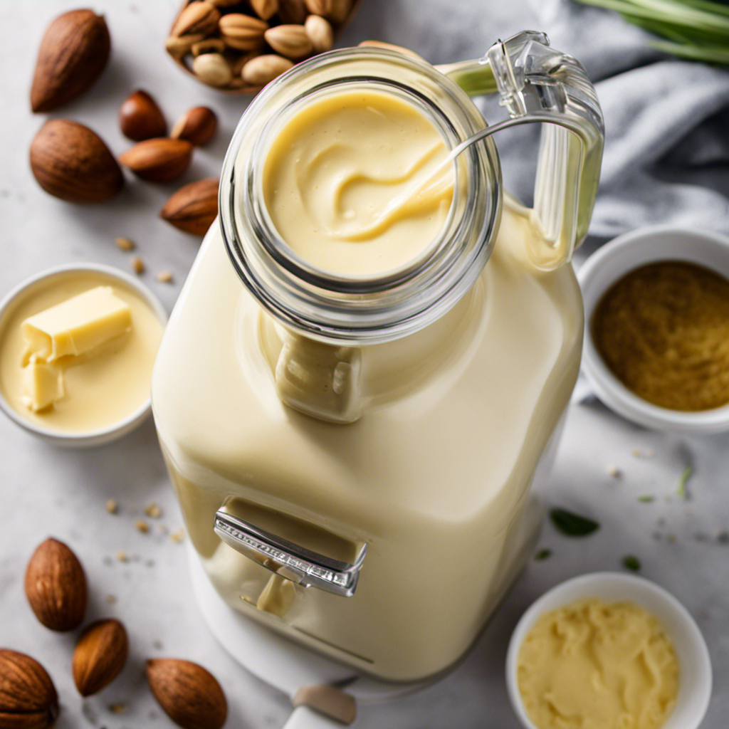 An image featuring a close-up view of a blender filled with creamy, homemade vegan butter ingredients, including plant-based oils, nut milk, and a pinch of sea salt