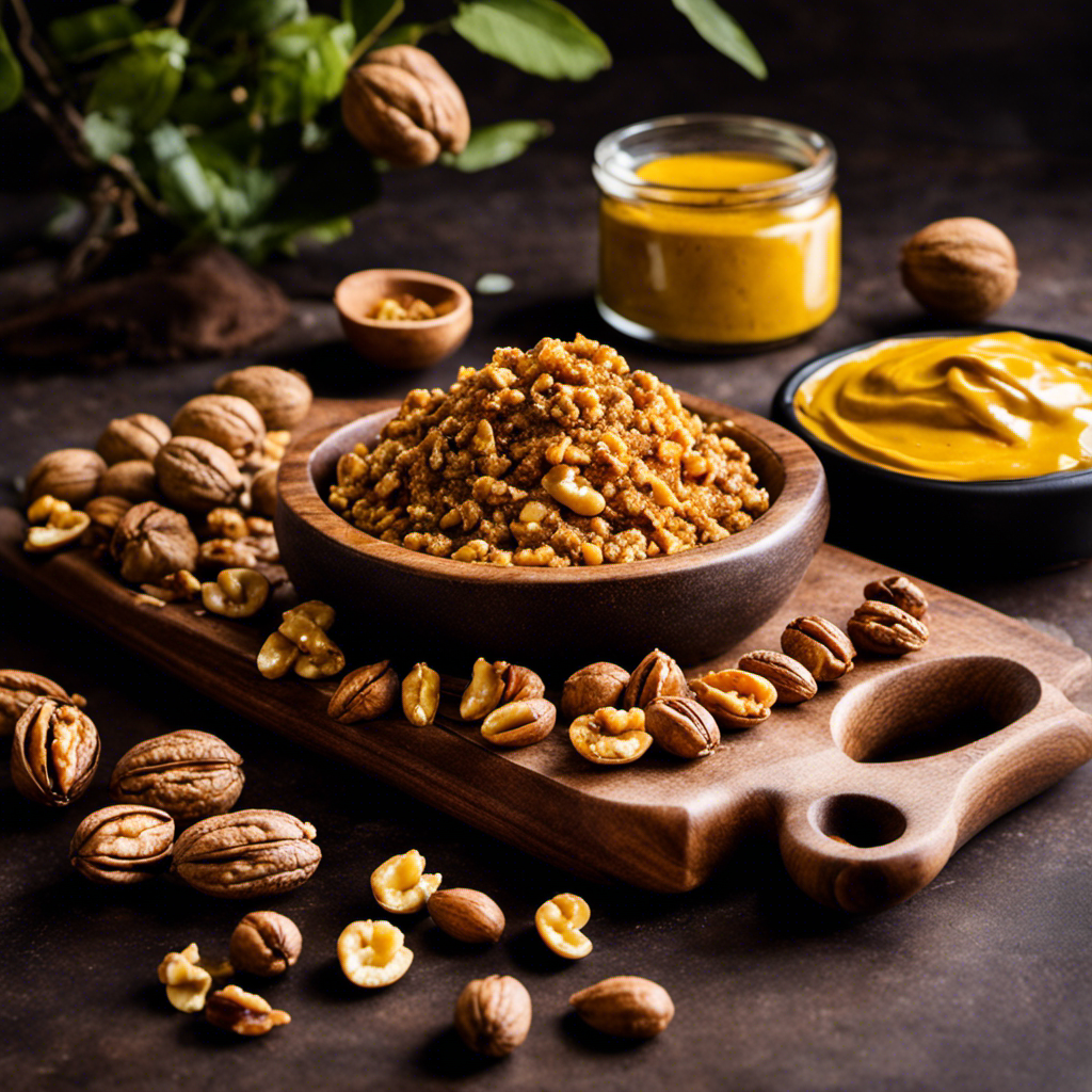An image of a wooden cutting board showcasing a pile of freshly roasted walnuts