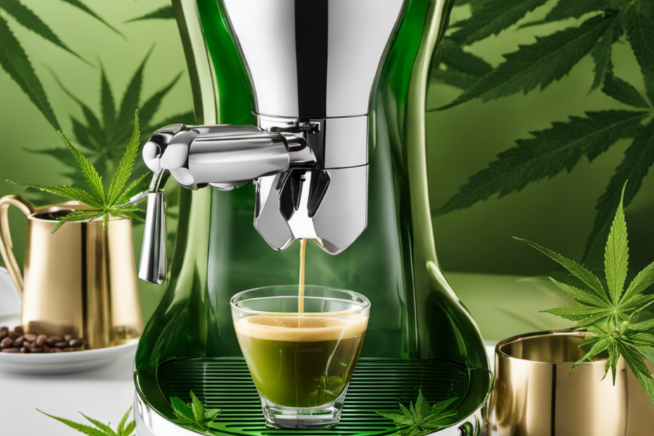 An image featuring a sleek, modern espresso maker adorned with vibrant green cannabis leaves