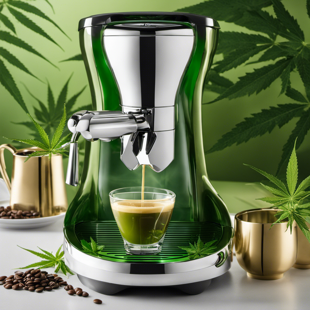 An image featuring a sleek, modern espresso maker adorned with vibrant green cannabis leaves