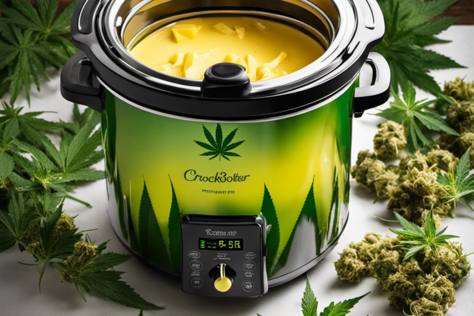 An image showcasing a crockpot filled with melted butter infused with vibrant green cannabis leaves