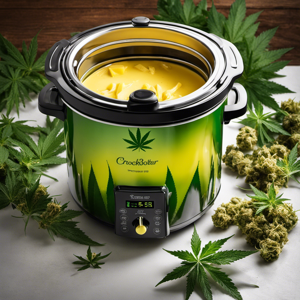 An image showcasing a crockpot filled with melted butter infused with vibrant green cannabis leaves