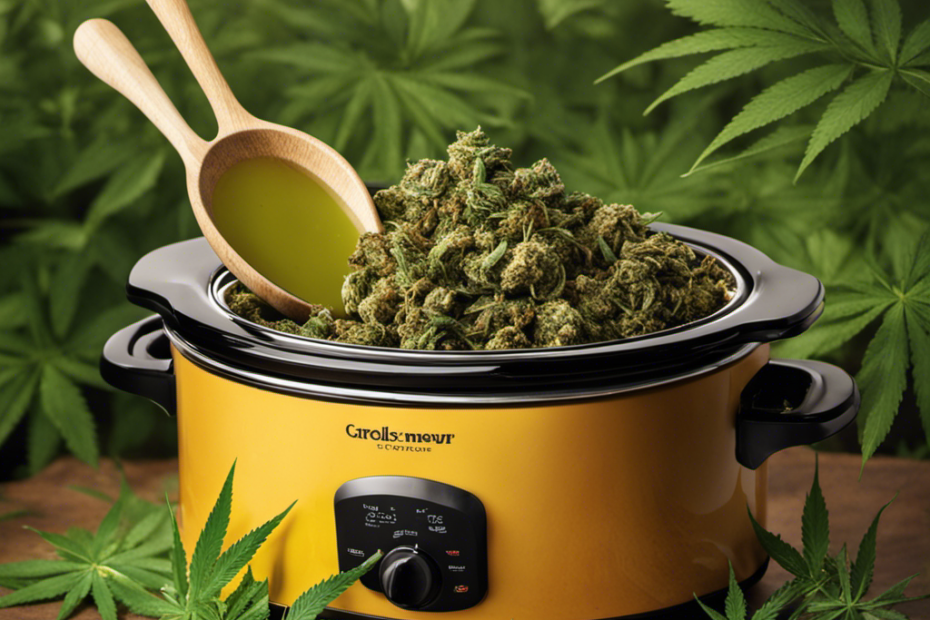 An image showcasing a crock pot filled with melted butter infused with vibrant green cannabis leaves, emanating a rich aroma