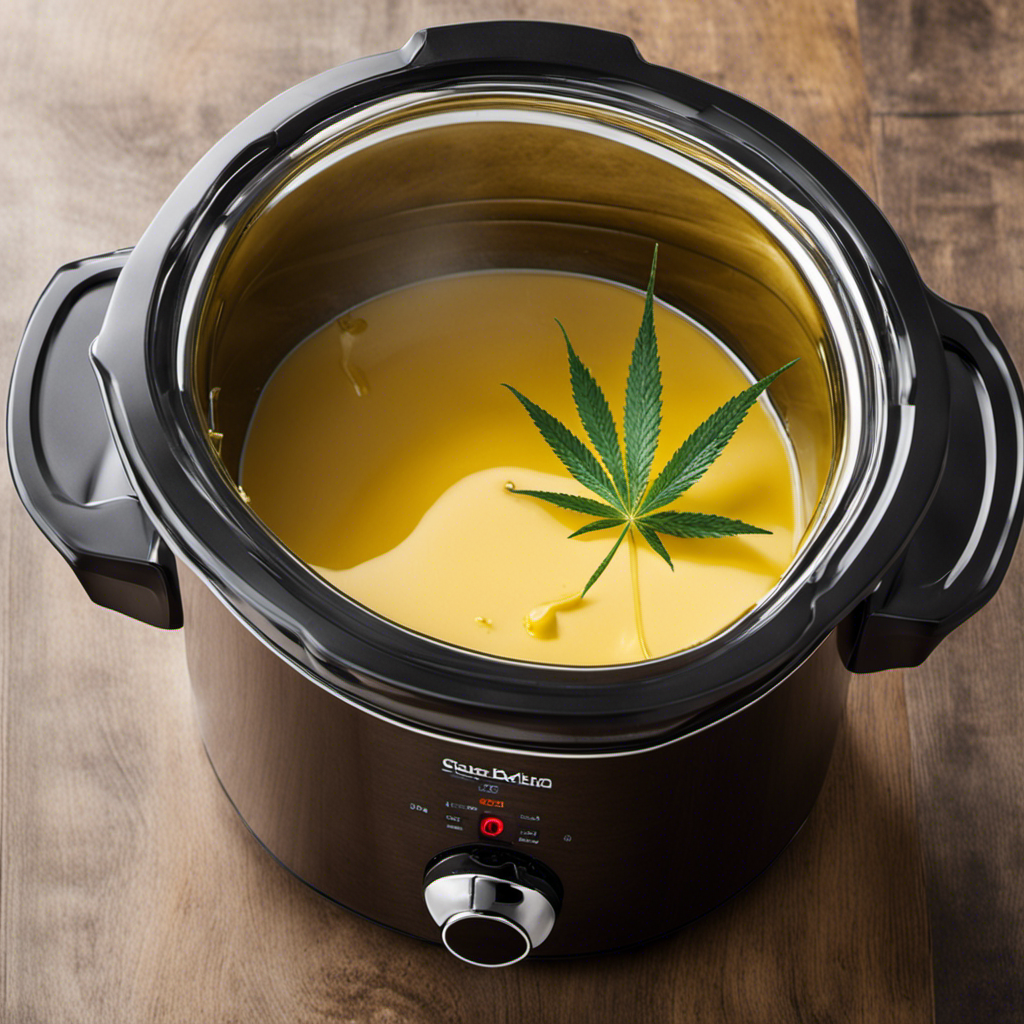 An image showcasing a crockpot simmering with melted butter infused with cannabis buds