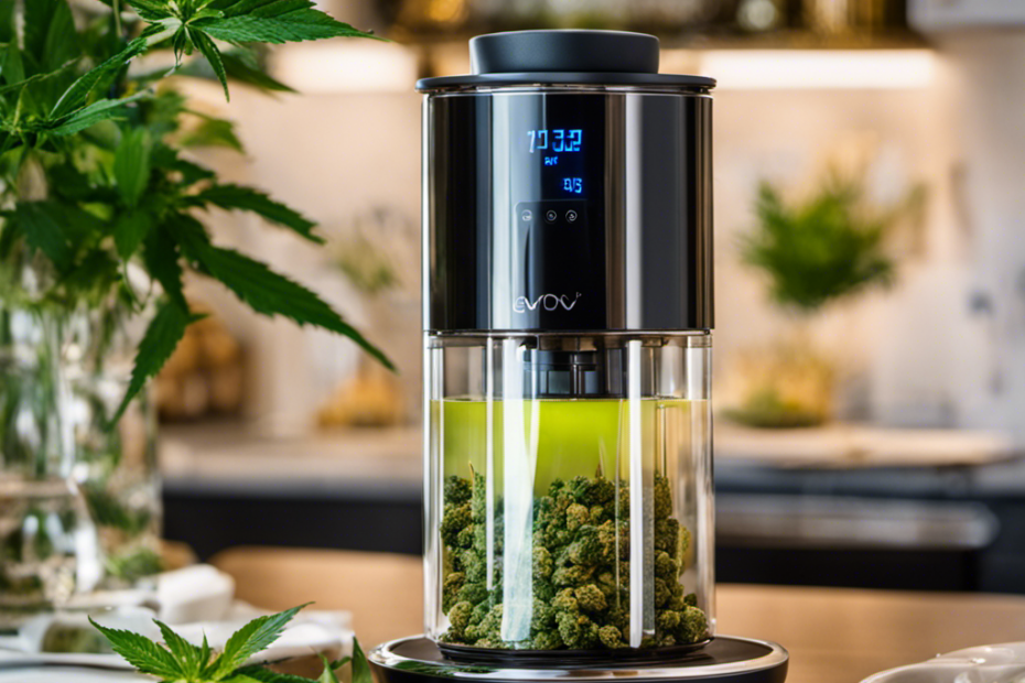 An image showcasing the Levo Infuser in action: a sleek, countertop device with a digital display, gently infusing butter with vibrant green cannabis leaves, releasing aromatic vapors, and producing a rich, potent infusion