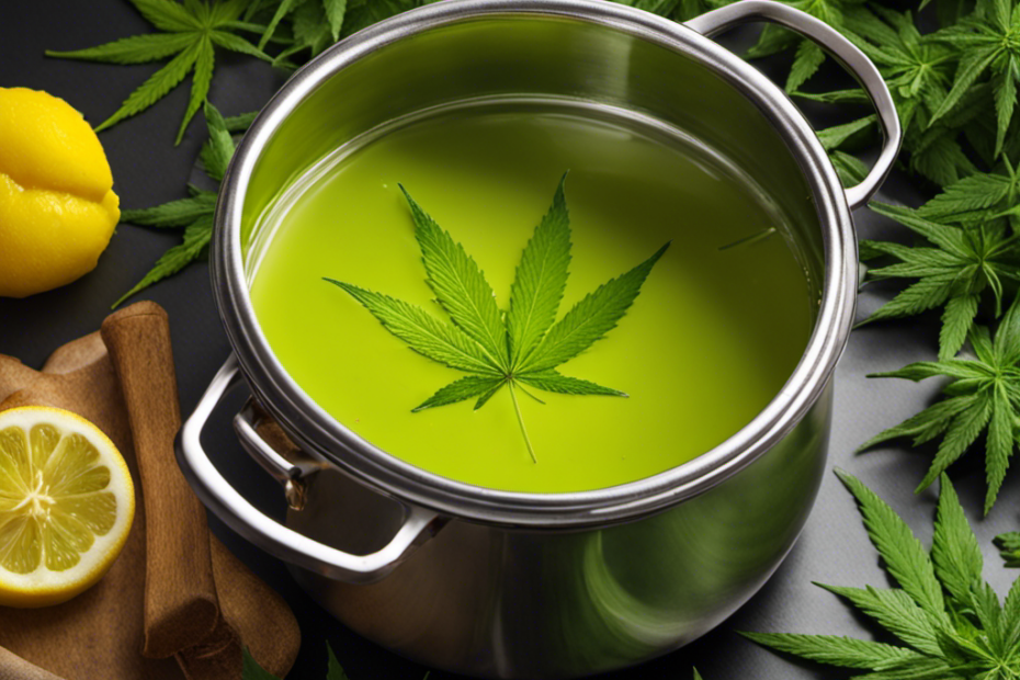 An image showcasing a close-up shot of a simmering pot filled with melted butter infused with vibrant green cannabis trimmings