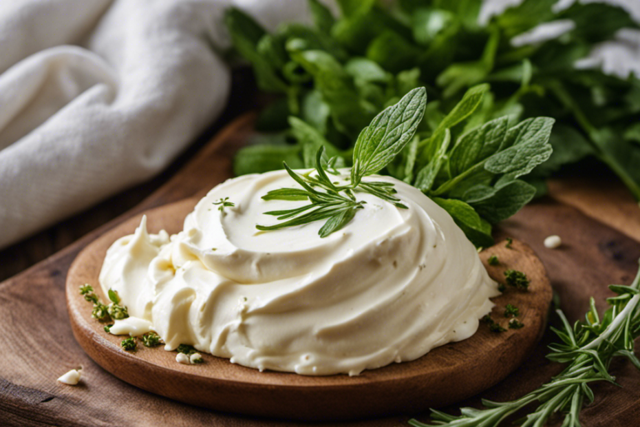 An image featuring a close-up of a creamy white dollop of homemade whipped butter, delicately whipped to perfection, adorned with a sprig of fresh herbs, sitting atop a rustic wooden serving board