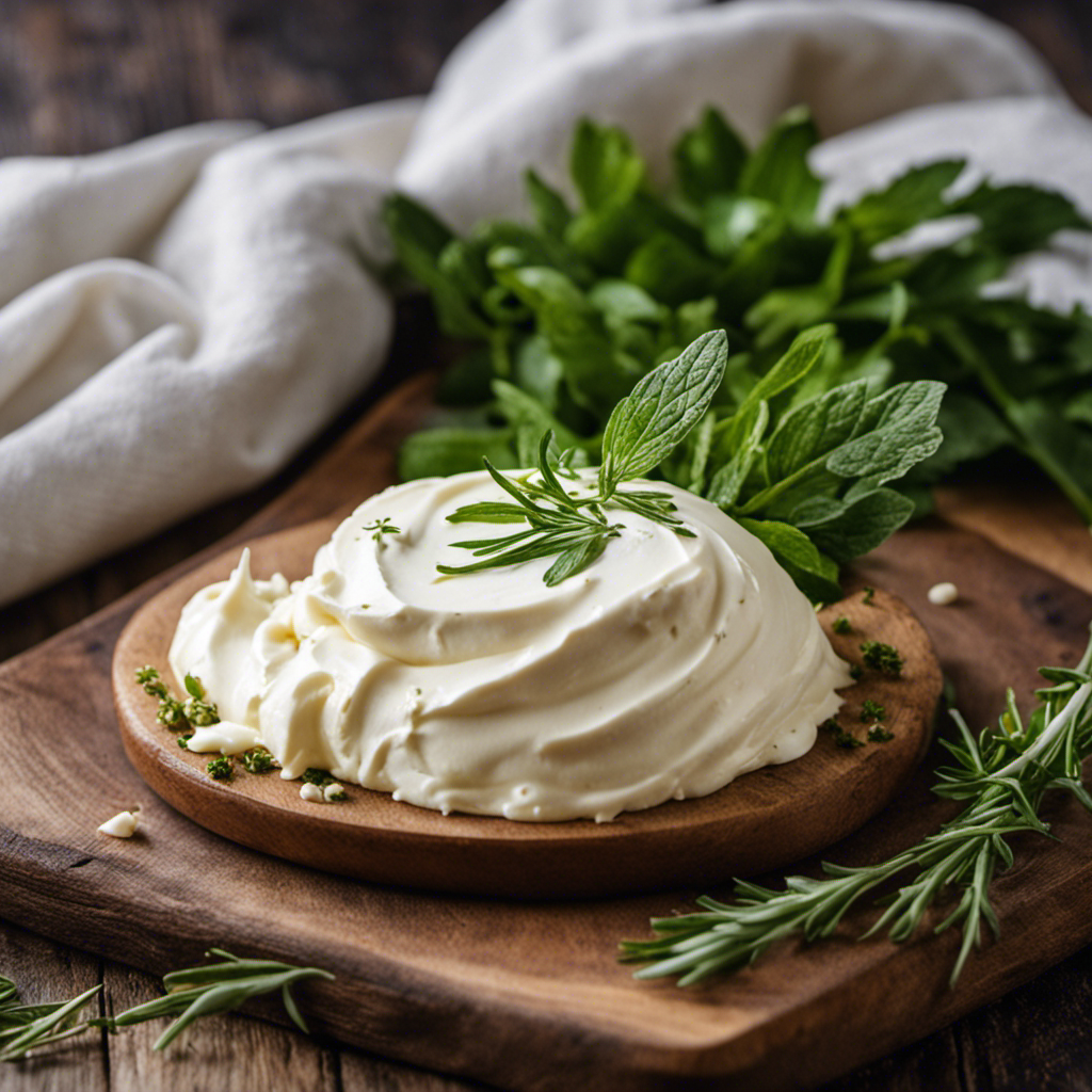 An image featuring a close-up of a creamy white dollop of homemade whipped butter, delicately whipped to perfection, adorned with a sprig of fresh herbs, sitting atop a rustic wooden serving board