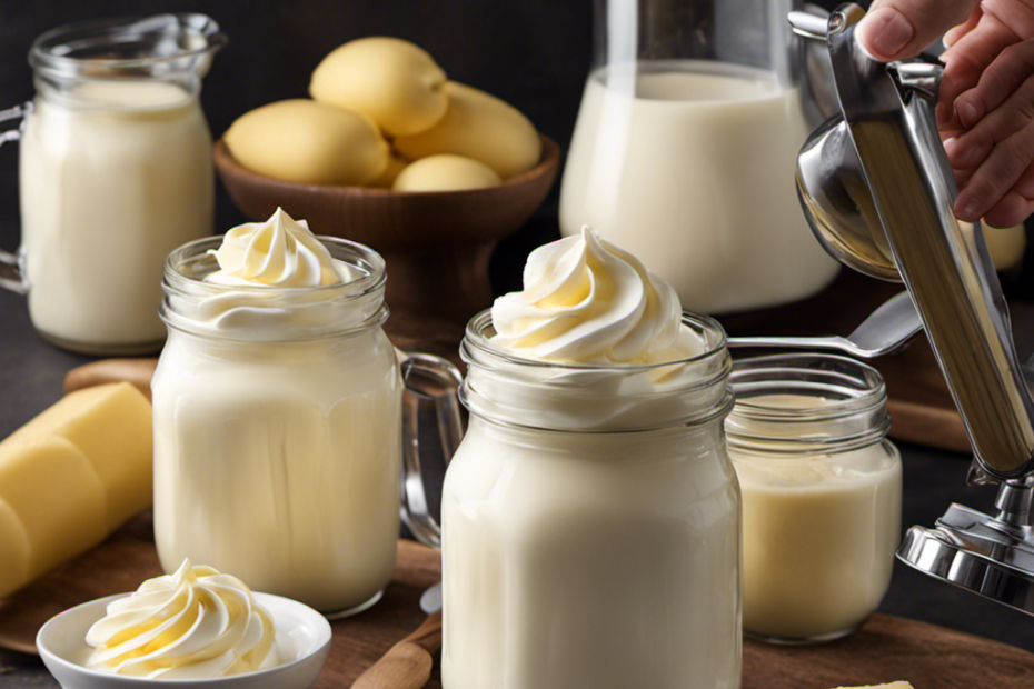An image showcasing a glass jar filled with creamy milk, a chunk of butter submerged within, and a hand-held mixer in motion, blending the ingredients, resulting in a luscious homemade whipped cream