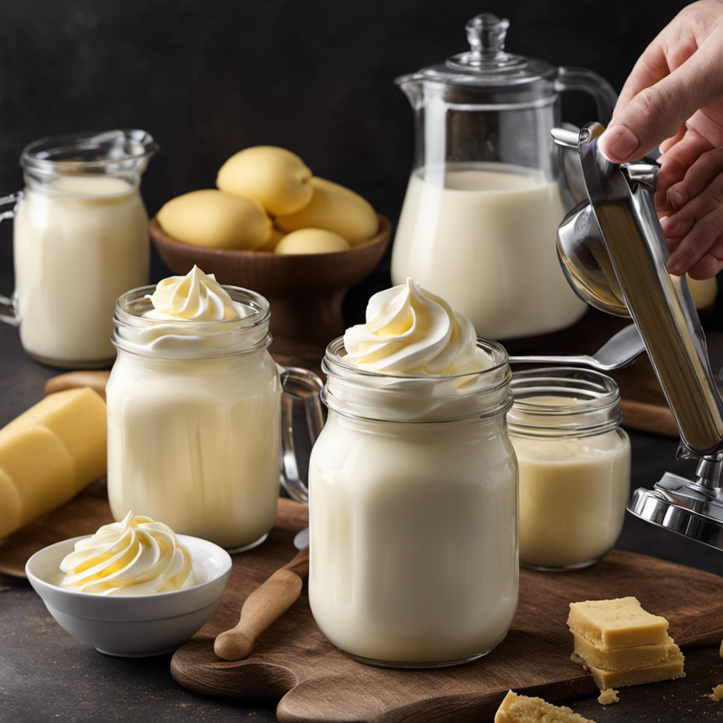 An image showcasing a glass jar filled with creamy milk, a chunk of butter submerged within, and a hand-held mixer in motion, blending the ingredients, resulting in a luscious homemade whipped cream