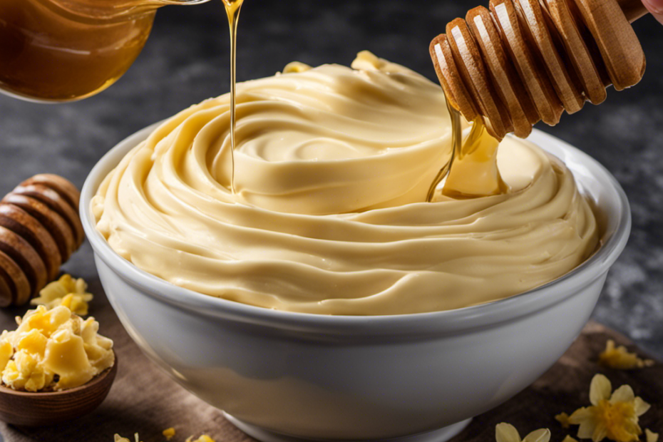 An image capturing the process of making whipped honey butter: a bowl filled with creamy butter, drizzled with golden honey, and blended together until light and fluffy, accompanied by a whisk and a dollop of sweet honey on top