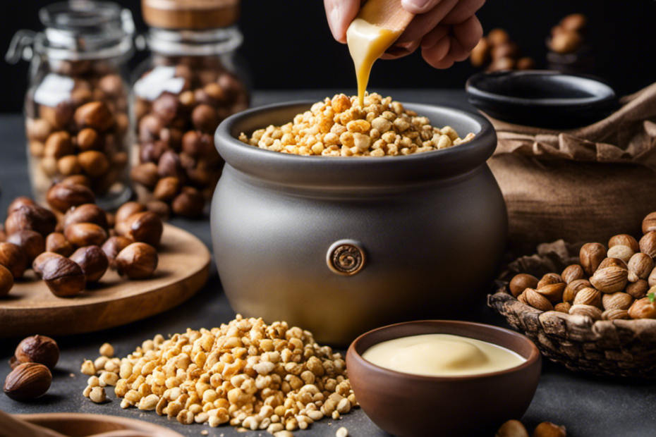 An image showcasing the step-by-step process of making Zaza Butter: a close-up shot of hands grinding roasted hazelnuts and cashews in a mortar, followed by pouring the smooth mixture into a jar with a wooden spoon