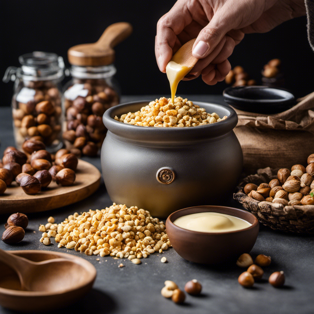 An image showcasing the step-by-step process of making Zaza Butter: a close-up shot of hands grinding roasted hazelnuts and cashews in a mortar, followed by pouring the smooth mixture into a jar with a wooden spoon