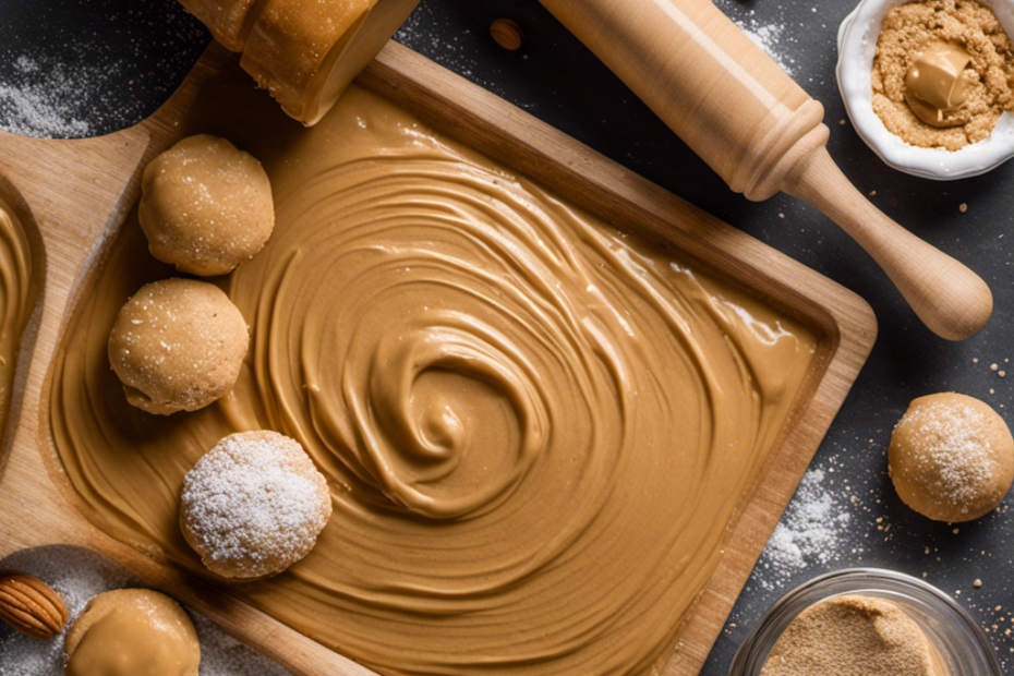 An image showcasing a wooden rolling pin gently pressing down a ball of smooth, golden peanut butter cookie dough on a baking sheet, surrounded by a sprinkle of powdered sugar and a jar of creamy peanut butter in the background
