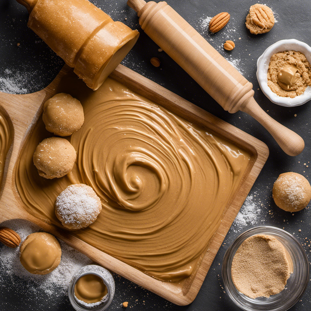 An image showcasing a wooden rolling pin gently pressing down a ball of smooth, golden peanut butter cookie dough on a baking sheet, surrounded by a sprinkle of powdered sugar and a jar of creamy peanut butter in the background