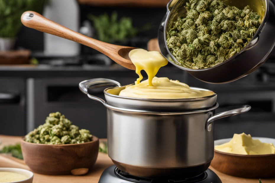 An image capturing the process of making weed butter: a simmering pot on a stovetop, filled with melted butter and cannabis buds, releasing gentle tendrils of fragrant steam, while a wooden spoon stirs the mixture