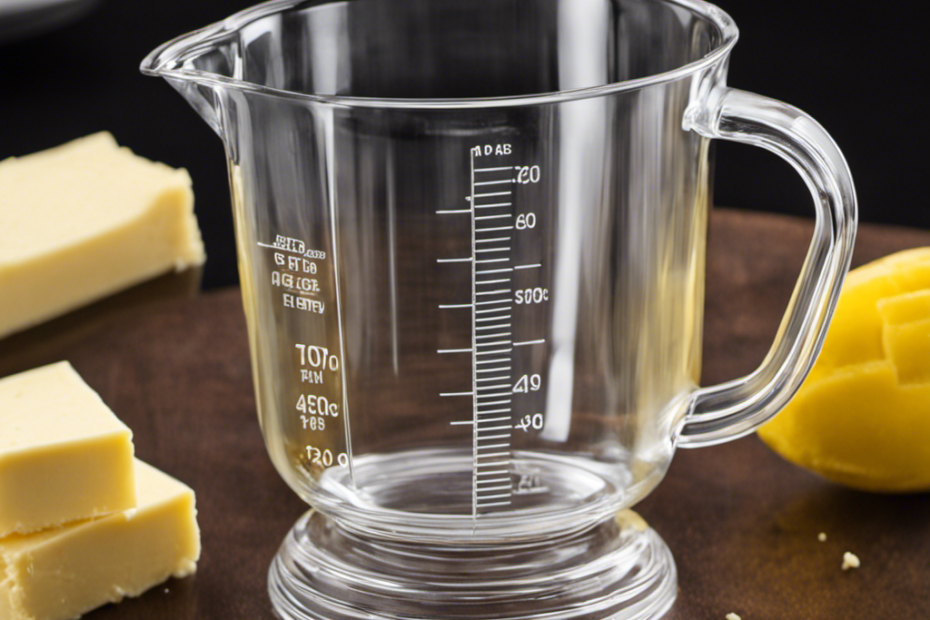 An image of a clear measuring cup filled with soft, unsalted butter up to the 2/3 cup mark