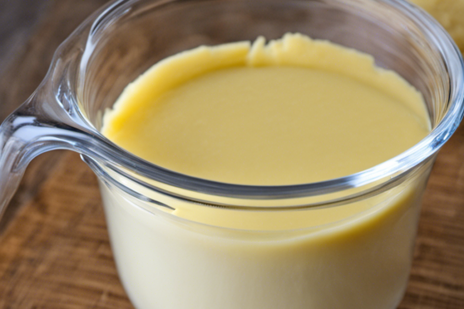 An image showcasing a clear glass measuring cup filled with soft butter up to the 2/3 cup mark