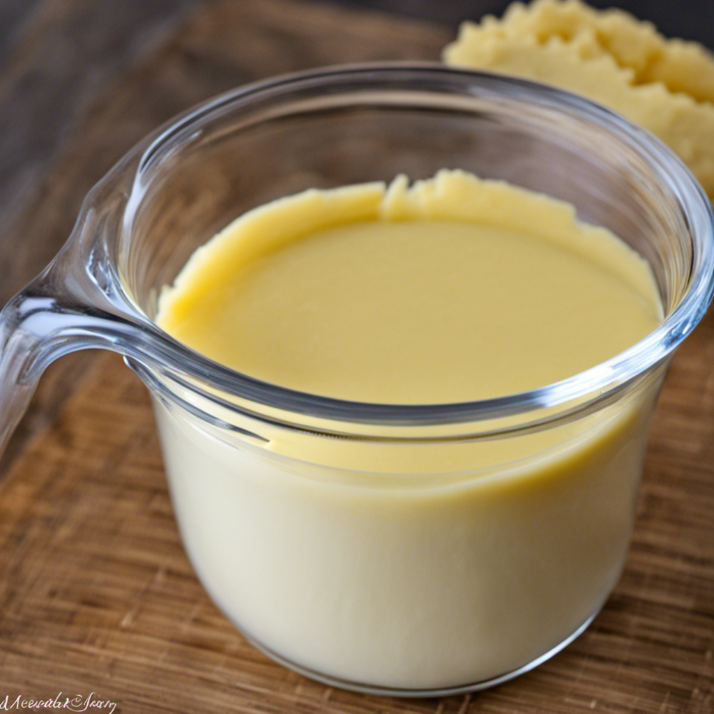 An image showcasing a clear glass measuring cup filled with soft butter up to the 2/3 cup mark