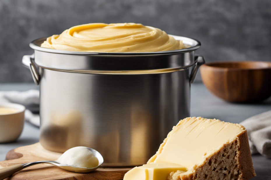 An image showcasing a close-up view of a tub of butter, with a measuring spoon gently scooping out a precise amount of creamy golden butter, against a backdrop of a pristine kitchen countertop