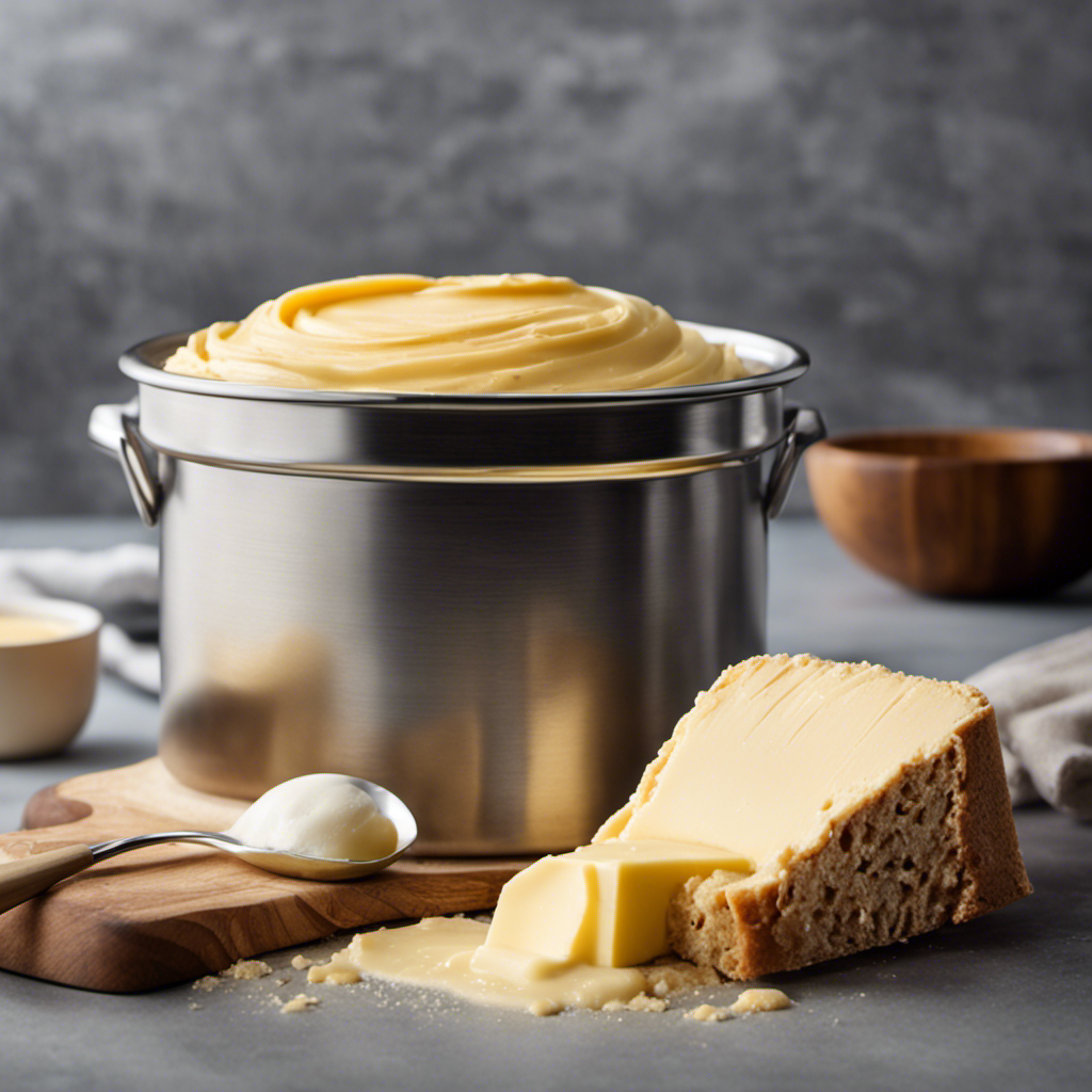 An image showcasing a close-up view of a tub of butter, with a measuring spoon gently scooping out a precise amount of creamy golden butter, against a backdrop of a pristine kitchen countertop