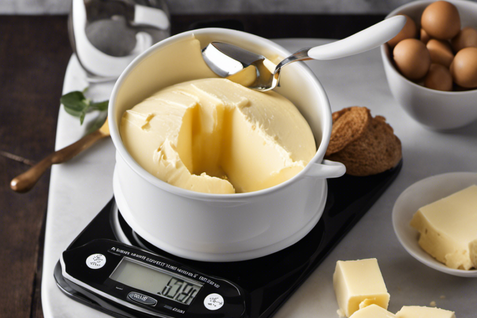 An image showcasing a tub of butter nestled on a kitchen scale, with a measuring spoon gently scooping up the creamy goodness