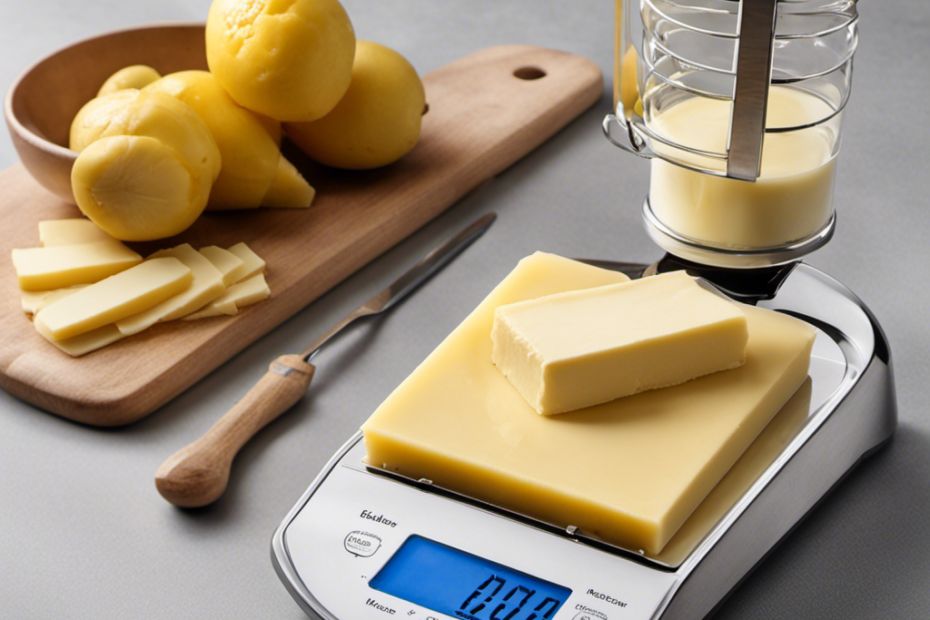 An image showcasing a precise kitchen scale with a stick of butter placed on it