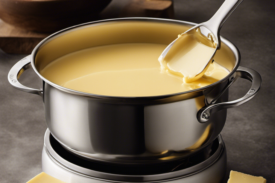 An image showcasing a stainless steel saucepan over low heat, with chunks of unsalted butter gently melting into a golden pool