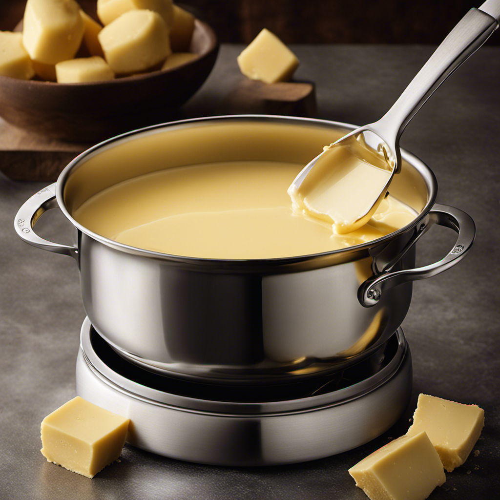 An image showcasing a stainless steel saucepan over low heat, with chunks of unsalted butter gently melting into a golden pool