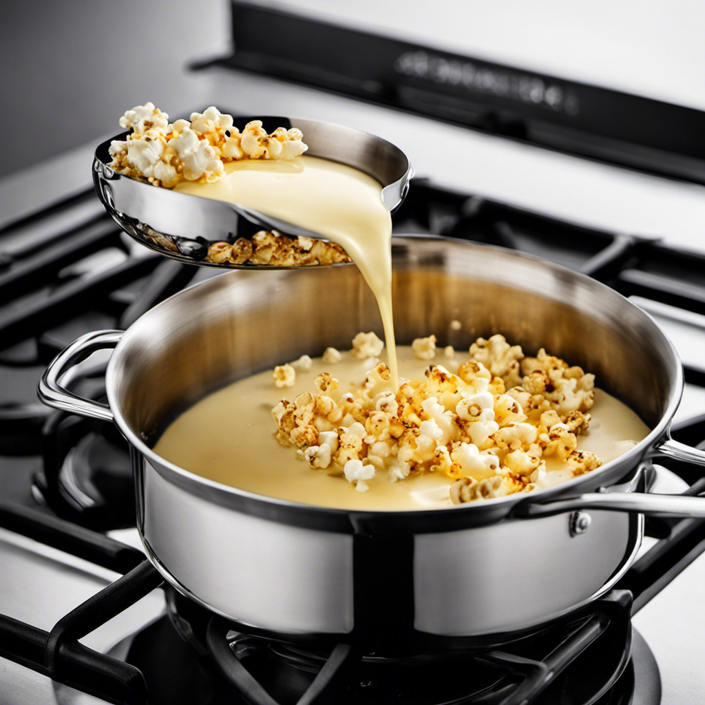 An image of a stainless steel saucepan on a stovetop, with a chunk of golden butter slowly melting, its creamy streams elegantly cascading down, ready to be drizzled over a heaping bowl of freshly popped popcorn