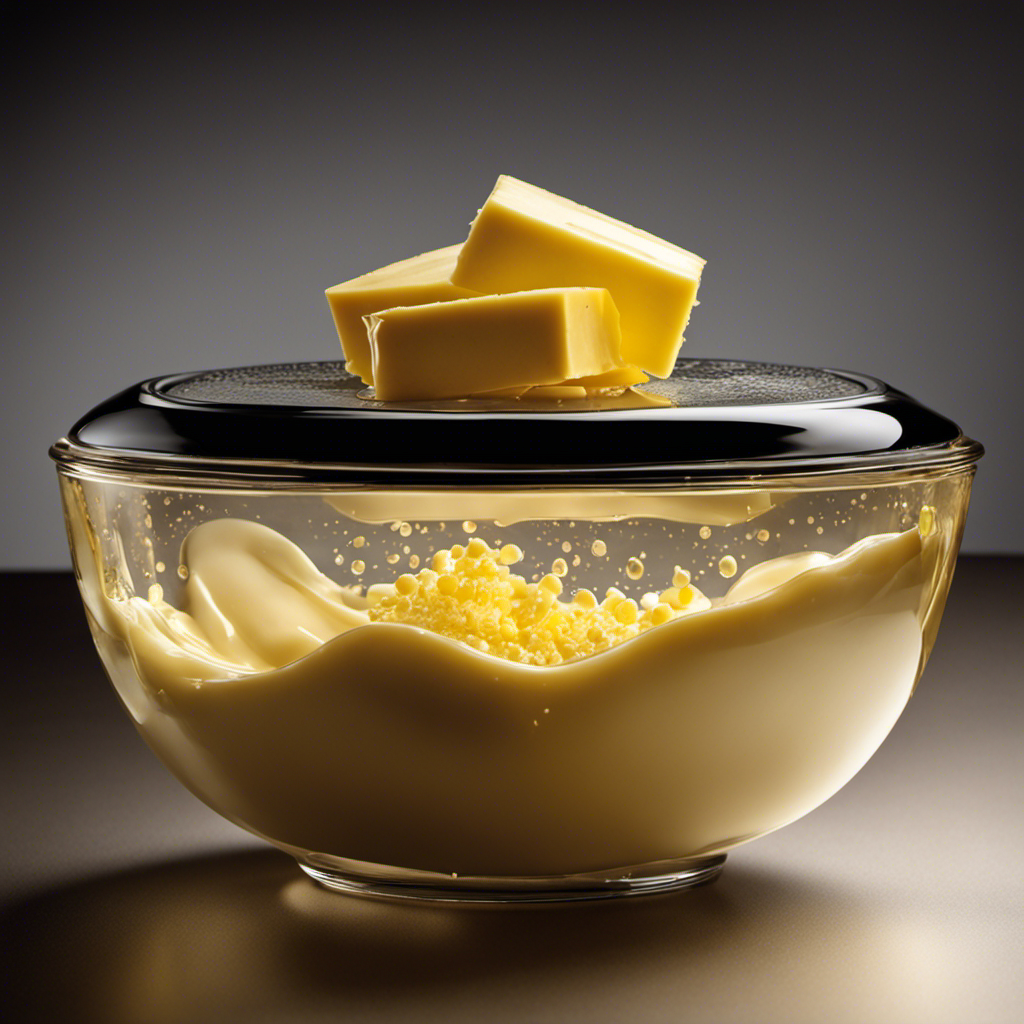 An image showcasing a microwave-safe glass bowl filled with a chunk of butter