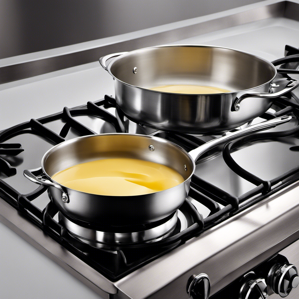 An image showcasing a stainless steel saucepan placed on a gas stove burner set to medium-low heat