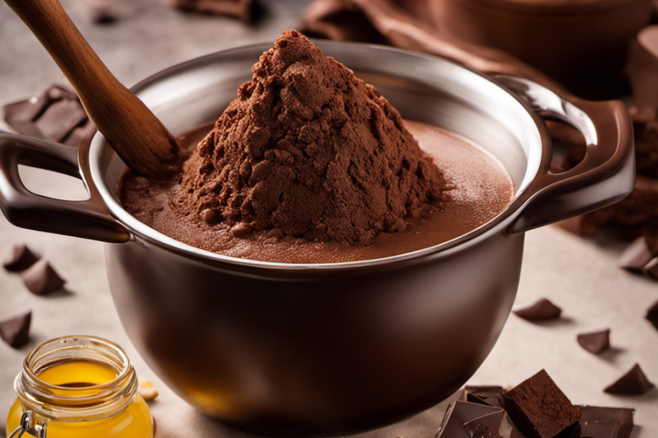 An image capturing the process of melting cocoa butter: a double boiler simmering with chunks of solid cocoa butter dissolving into a smooth, glossy liquid, emitting a rich chocolate aroma