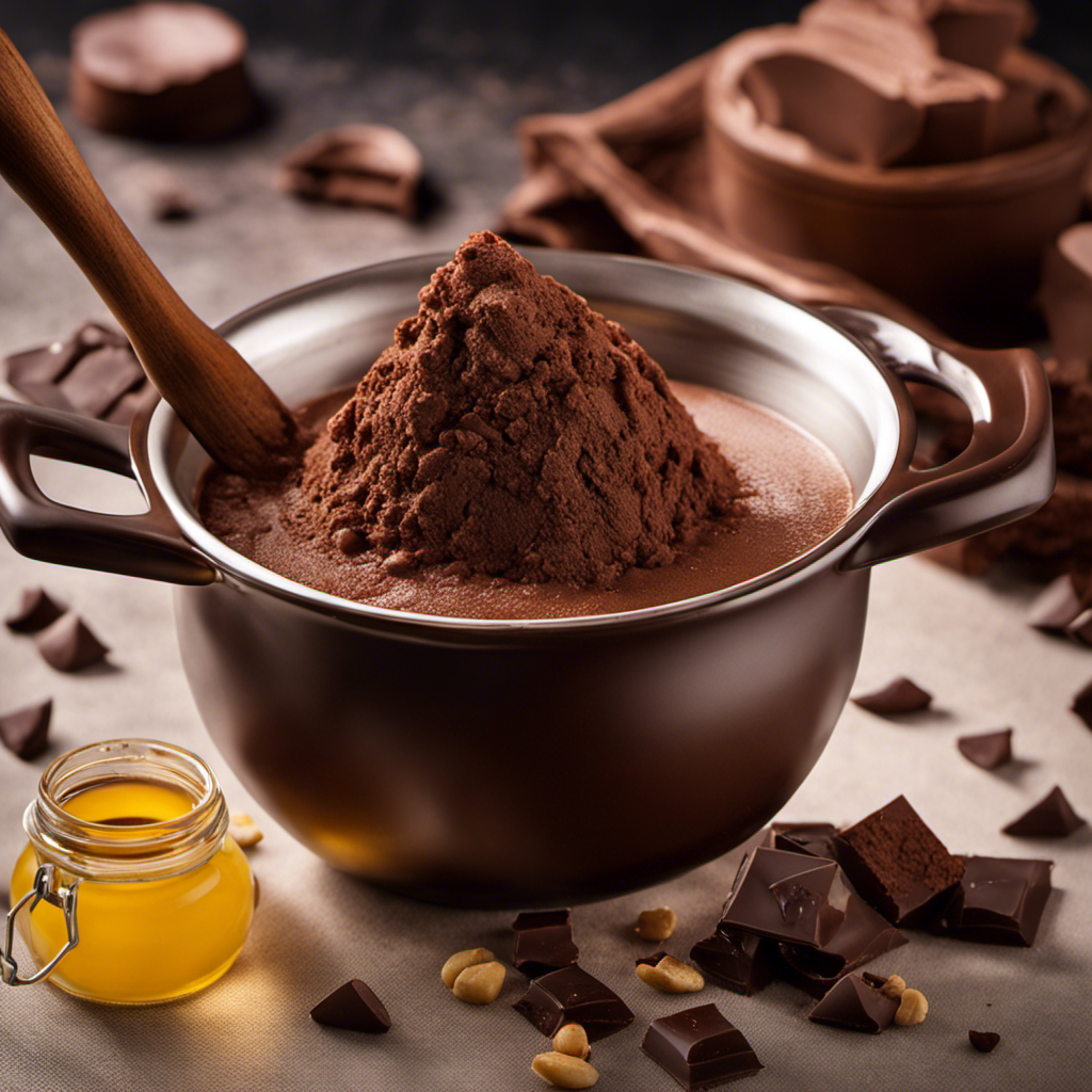 An image capturing the process of melting cocoa butter: a double boiler simmering with chunks of solid cocoa butter dissolving into a smooth, glossy liquid, emitting a rich chocolate aroma