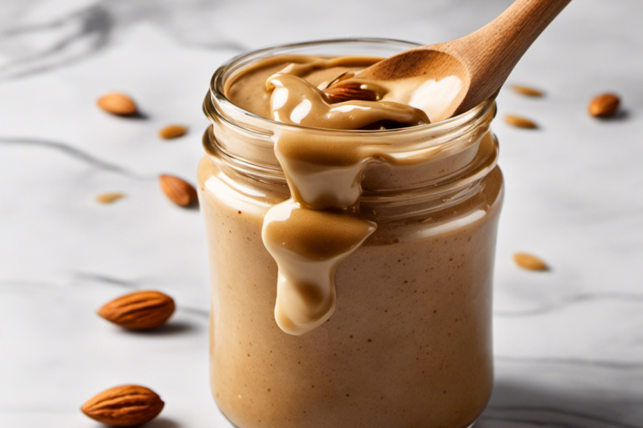 An image depicting a glass jar filled with creamy almond butter, a wooden spoon delicately swirling the mixture, while golden drops of honey drizzle from above, showcasing the process of blending almond butter to perfection