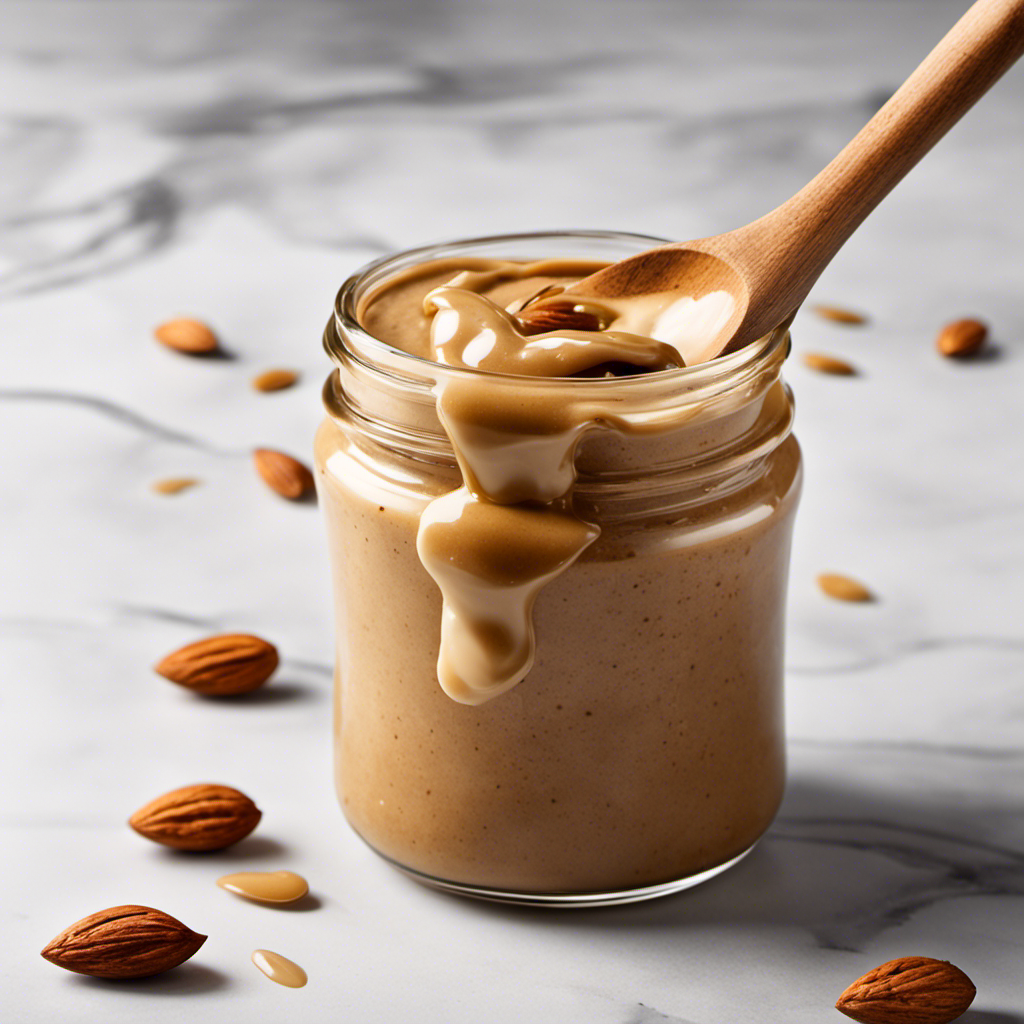 An image depicting a glass jar filled with creamy almond butter, a wooden spoon delicately swirling the mixture, while golden drops of honey drizzle from above, showcasing the process of blending almond butter to perfection