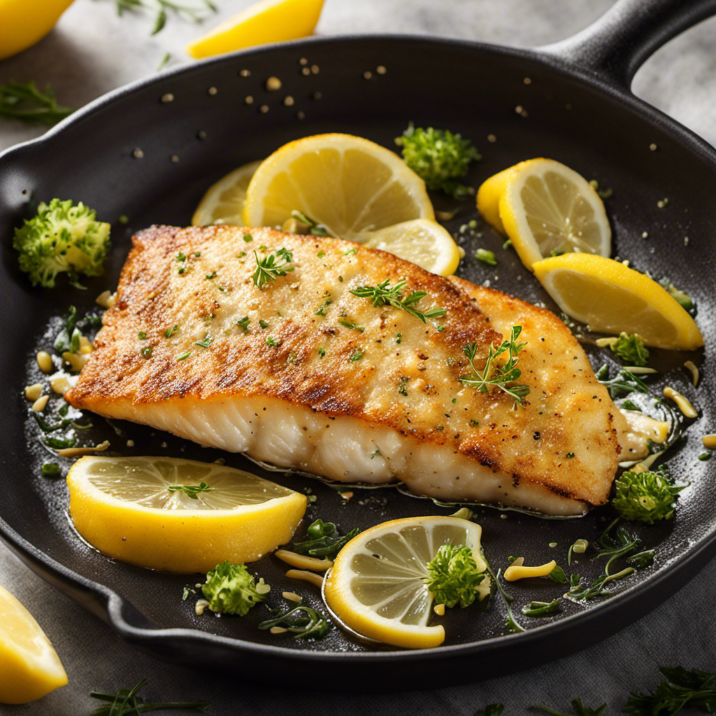 An image capturing a sizzling haddock fillet coated in golden-brown butter, its delicate flakes glistening beneath a crispy and evenly seared surface
